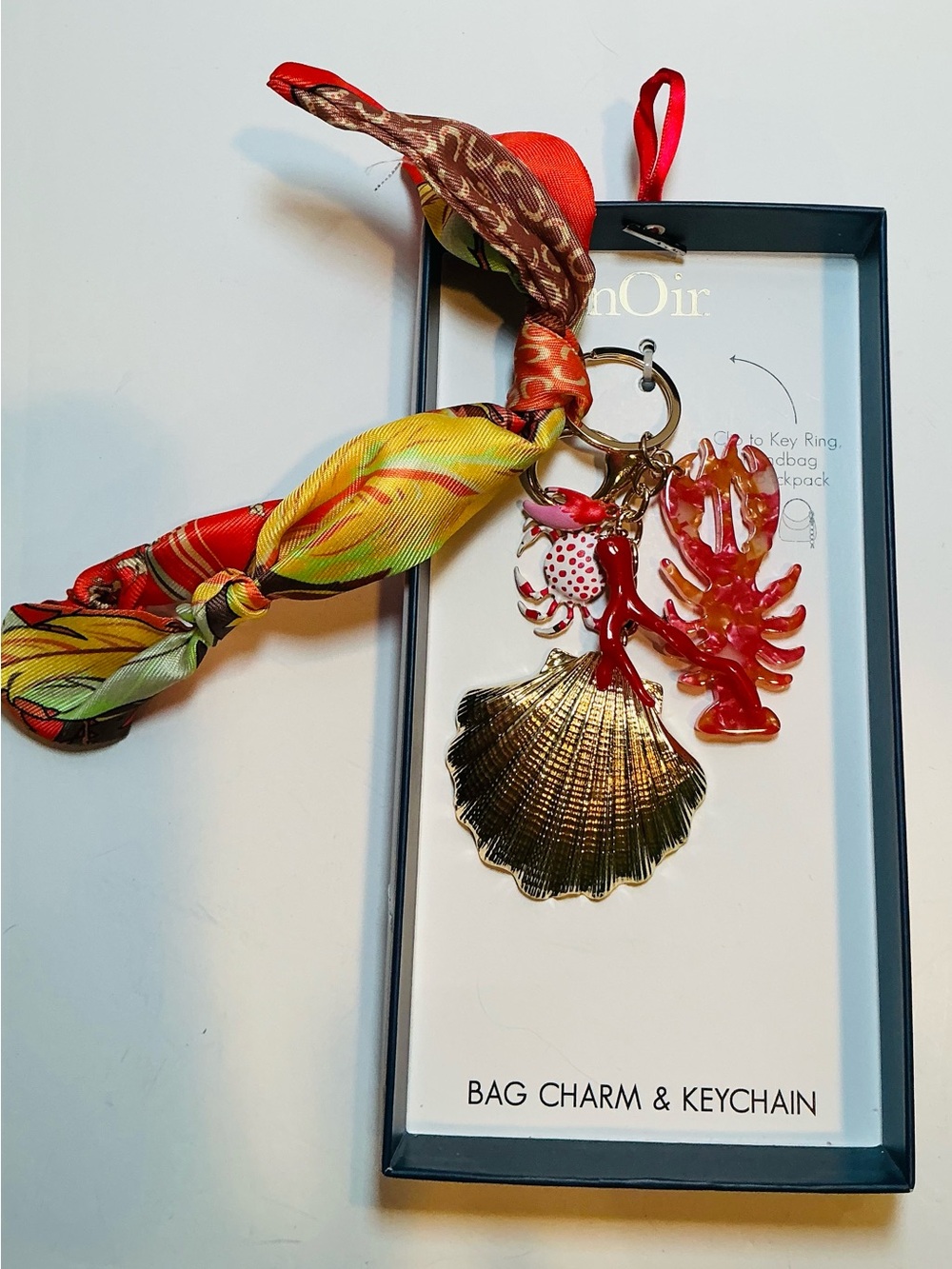 * nOir Red Gold Shell, Lobster & Crab Bag Charm with Multicolor Scarf Tie